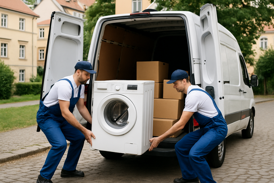 Beiladung Dresden – Mover laden eine Waschmaschine und Kartons in den Sprinter
